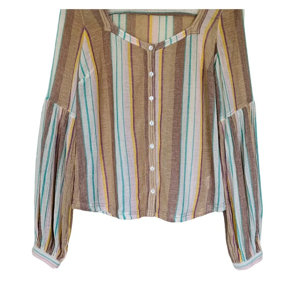 FREE PEOPLE Size S Gauze Button Down Stripe Cotton Blouse Wide Pleated Sleeve